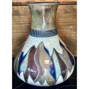 TG Schwartz Raku Pottery Vase 13" Signed Crackle Glaze Iridescent Art Ceramic